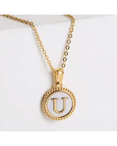 Minimalism Round Letter Inlay Shell Pendant Stainless Steel Plating Necklace CA07830723
