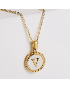 Minimalism Round Letter Inlay Shell Pendant Stainless Steel Plating Necklace CA07830723