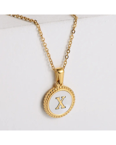 Minimalism Round Letter Inlay Shell Pendant Stainless Steel Plating Necklace CA07830723
