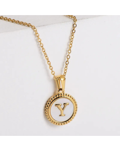 Minimalism Round Letter Inlay Shell Pendant Stainless Steel Plating Necklace CA07830723