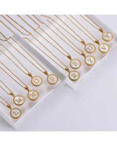 Minimalism Round Letter Inlay Shell Pendant Stainless Steel Plating Necklace CA07830723