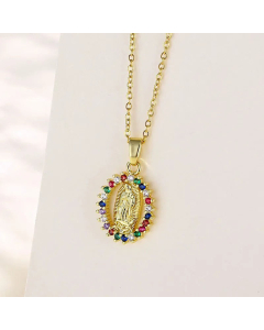Shiny Portrait Faith Inlay Zircon Pendant Stainless Steel Plating Necklace CA07830734