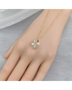 Sweet Cat Eye Four Leaf Clover Titanium Steel Inlay Rhinestones Opal Pendant Necklace CA07830738