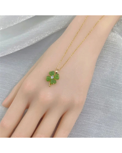Sweet Cat Eye Four Leaf Clover Titanium Steel Inlay Rhinestones Opal Pendant Necklace CA07830738