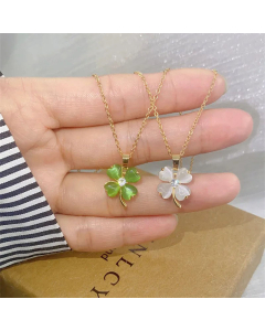 Sweet Cat Eye Four Leaf Clover Titanium Steel Inlay Rhinestones Opal Pendant Necklace CA07830738
