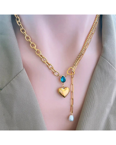 Fashion Water Droplets Heart Shape Inlay Artificial Pearls Zircon Titanium Steel Necklace CA07830739