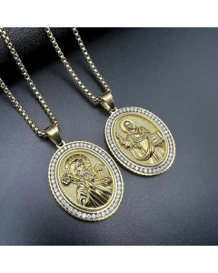 Hip-Hop Oval Portrait Inlay Zircon Pendant Stainless Steel Polishing Necklace CA07830747