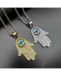 Hip-Hop Hand Of Fatima Plating Inlay Rhinestones Pendant Stainless Steel Necklace CA07830748
