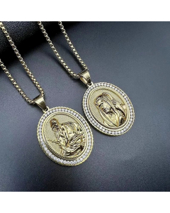 Hip-Hop Oval Portrait Inlay Zircon Pendant Stainless Steel Polishing Necklace CA07830751