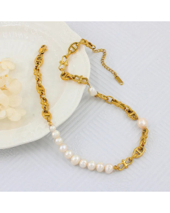 Retro Color Block Pearl Stainless Steel Plating Necklace CA07830761