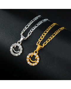 Fashion Smiley Face Hollow Out Inlay Zircon Pendant Stainless Steel Necklace CA07830763