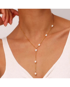 Minimalism Y-Shaped 6 Pearl Beaded Stainless Steel Tassel Necklace CA07830780