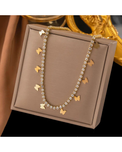Luxurious Butterfly Inlay Zircon Choker Titanium Steel Necklace CA07830814