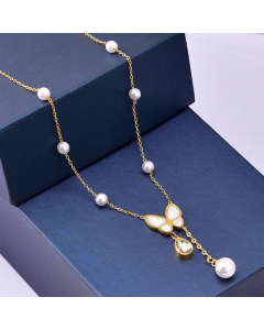 Elegant Butterfly Titanium Steel Inlay Artificial Pearls Rhinestones Pendant Necklace CA07830817