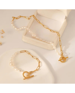 French Style OT Buckle Pearl Beaded Stainless Steel Plating Necklace CA07830883
