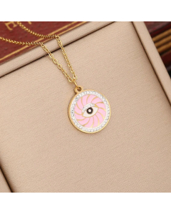 Fashion Round Devil's Eye Enamel Inlay Rhinestones Pendant Stainless Steel Necklace CA07830893
