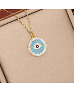 Fashion Round Devil's Eye Enamel Inlay Rhinestones Pendant Stainless Steel Necklace CA07830893