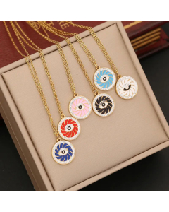 Fashion Round Devil's Eye Enamel Inlay Rhinestones Pendant Stainless Steel Necklace CA07830893