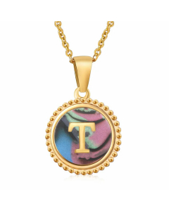 Casual Round Letter Inlay Color Shell Pendant Stainless Steel Plating Necklace CA07830900