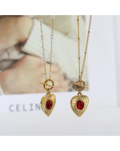 Vintage Heart Shape Titanium Steel Plating Inlay Agate Pendant Necklace CA07830902