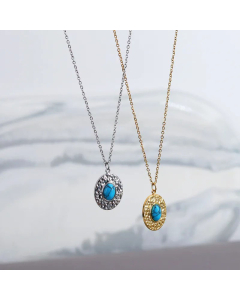 Bohemian Oval Plating Inlay Turquoise Pendant Titanium Steel Necklace CA07830903