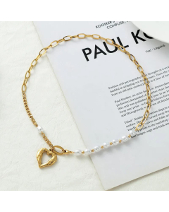 Vintage Style Fashion Indentation Heart Shape Titanium Steel Handmade Pearl Pendant Necklace CA07830918