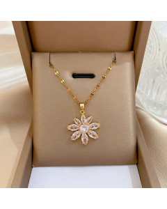 Sweet Flower Inlay Zircon Pendant Titanium Steel Necklace CA07830924