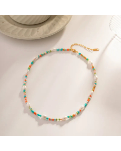 Vacation Colorful Stone Beaded Pearl Stainless Steel Plating Necklace CA07830929