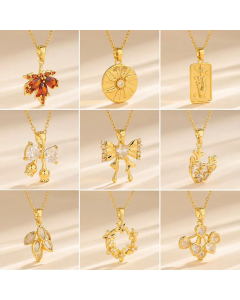Korean Style Square Leaves Bow Knot Plating Inlay Zircon Pendant Stainless Steel Titanium Steel Necklace CA07830972
