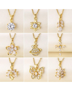 Shiny Round Heart Shape Snowflake Stainless Steel Titanium Steel Plating Inlay Zircon Pendant Necklace CA07830997