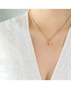 Korean Style Moon Plating Inlay Diamond Pendant Titanium Steel Necklace Rose Gold Color CA07831052