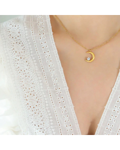 Korean Style Moon Plating Inlay Diamond Pendant Titanium Steel Necklace Gold Color CA07831052