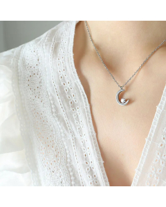 Korean Style Moon Plating Inlay Diamond Pendant Titanium Steel Necklace Steel Color CA07831052