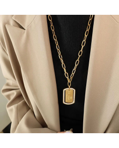 Nordic Style Letter Square Plating Inlay Zircon Pendant Titanium Steel Necklace Gold Color CA07831053