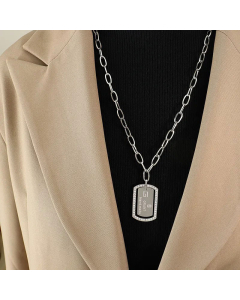 Nordic Style Letter Square Plating Inlay Zircon Pendant Titanium Steel Necklace Steel Color CA07831053