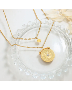 Double Layer Artistic Round Clock Titanium Steel Plating Inlay Zircon Pendant Necklace CA07831055