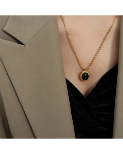 French Style Oval Plating Inlay Artificial Pearls Glass Stone Pendant Titanium Steel Necklace Black CA07831056
