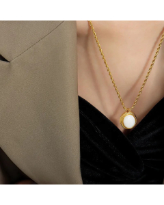 French Style Oval Plating Inlay Artificial Pearls Glass Stone Pendant Titanium Steel Necklace White CA07831056
