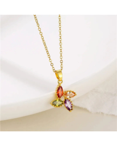 Light Luxury Style Shiny Four Leaf Clover Stainless Steel Titanium Steel Inlay Colorful Zircon Pendant Necklace CA07831067