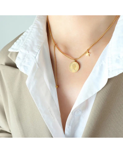 French Style Fashion Rund Portrait Star Stainless Steel Plating Pendant Necklace Gold Color CA07831071