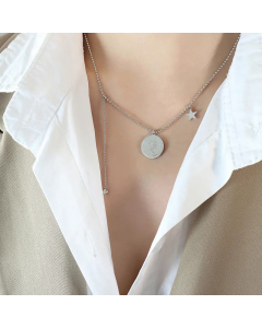 French Style Fashion Rund Portrait Star Stainless Steel Plating Pendant Necklace Steel Color CA07831071