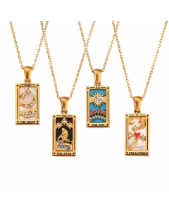 Roman Style Square Tarot Tag Stainless Steel Titanium Steel Plating Inlay Artificial Rhinestones Pendant Necklace CA07831075