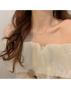 French Style Minimalism Pearl Beaded Titanium Steel Inlaid Gold Necklace CA07831078