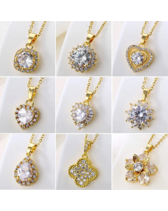 Fine Jewelry Zircon Inlaid Water Droplets Heart Shape Sector Pendent Stainless Steel Necklace CA07831080
