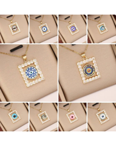 Korean Style Square Eye Stainless Steel Zircon Inlaid Pendant Necklace CA07831090