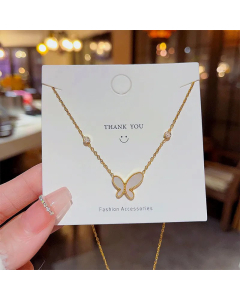 Minimalist Style Butterfly Shell Zircon Inlaid Pendant Stainless Steel 18K Gold Plated Necklace CA07831096