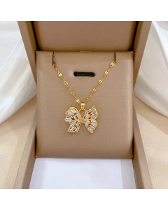 Wholesale Stainless Steel Necklace Hollow Out Bow Knot Zircon Inlaid Pendant Necklace