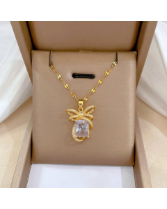 Wholesale Stainless Steel Necklace Elegant Bow Knot Rectangle Rhinestones Zircon Pendant Necklace