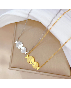 Cute Two Fish Rhinestones Inlaid Pendent Titanium Steel Gold Plated Necklace CA07831151