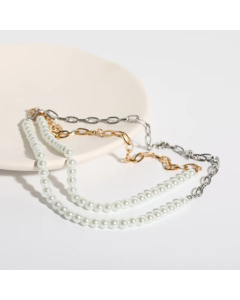 Fine Jewelry Patchwork Chain Stainless Steel Artificial Pearl Gold Plated Necklace CA07831159